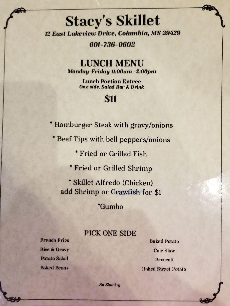 Menu at Stacy's Skillet steakhouse, Columbia