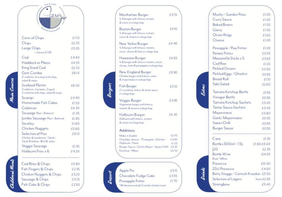 Menu at The Gem Fish And Chips restaurant, Falmouth