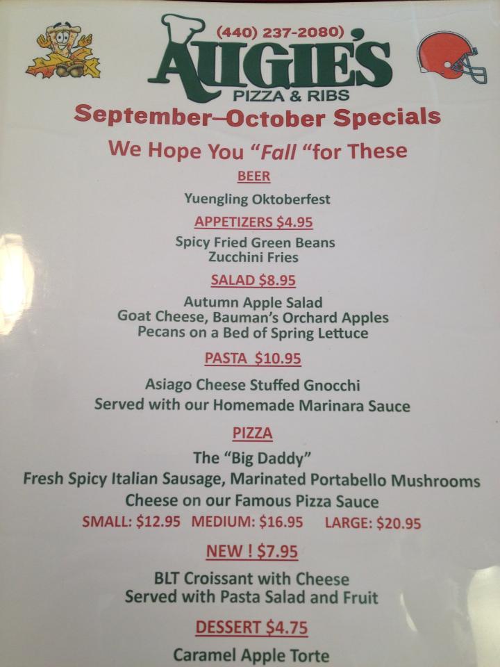 Menu at Augie's Pizza & Catering pizzeria, North Royalton