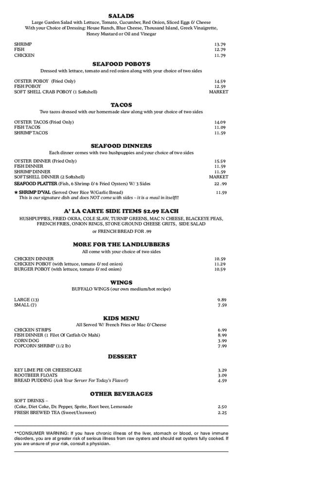 Menu at Dave's Oyster Bar and Grill, Pensacola Beach, Gulf Breeze Pkwy