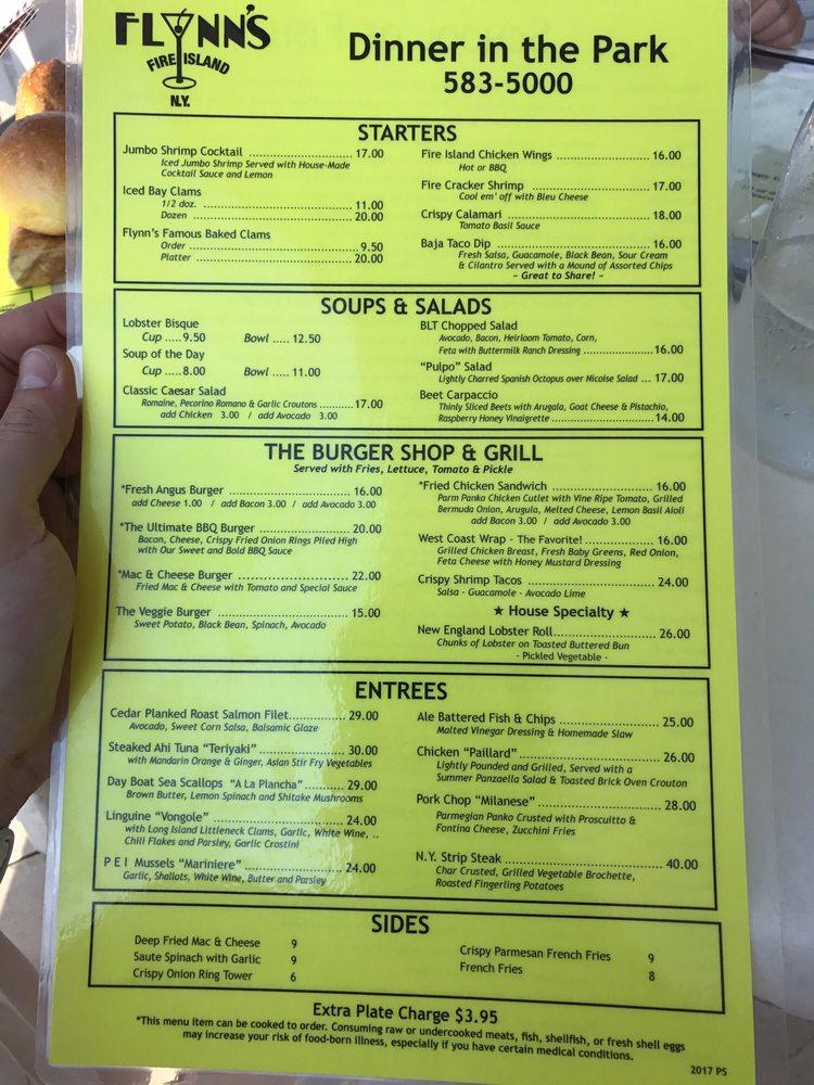 Menu at Flynn's Fire Island pub & bar, Fire Island