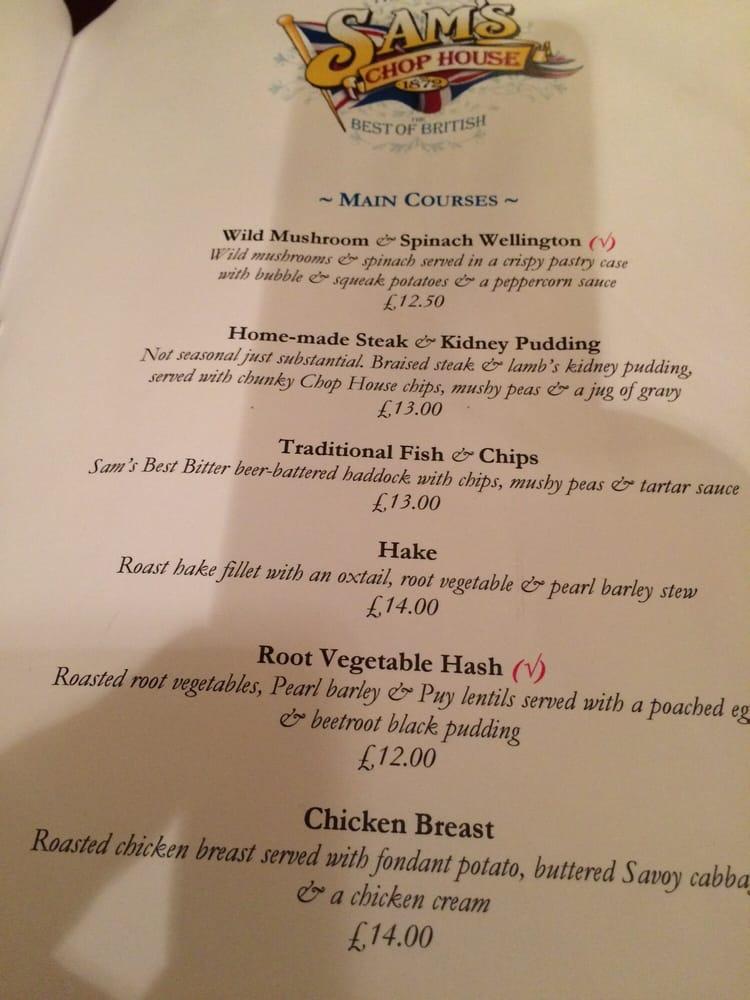 Menu at Sam's Chop House pub & bar, Manchester