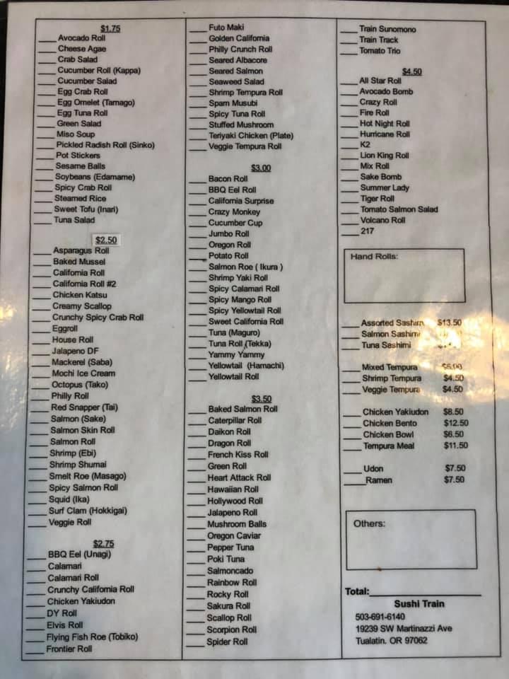 Menu at Sushi Train restaurant, Tualatin