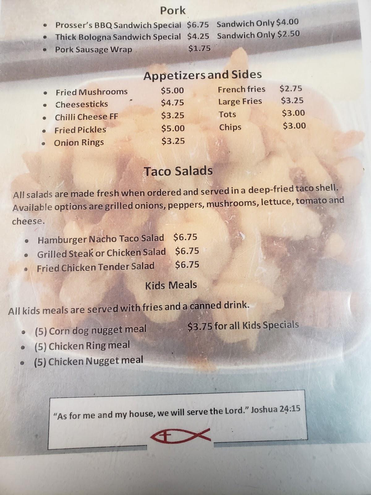 Menu at Yanks restaurant, Hemingway