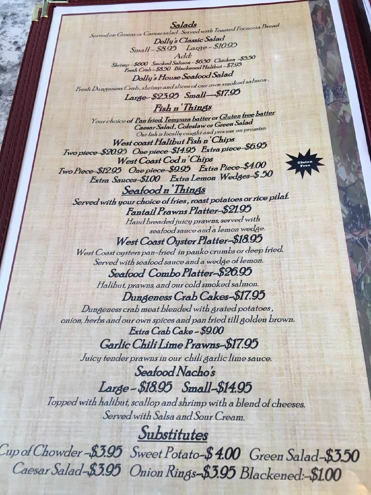 Menu at Dolly's Fish Market restaurant, Prince Rupert