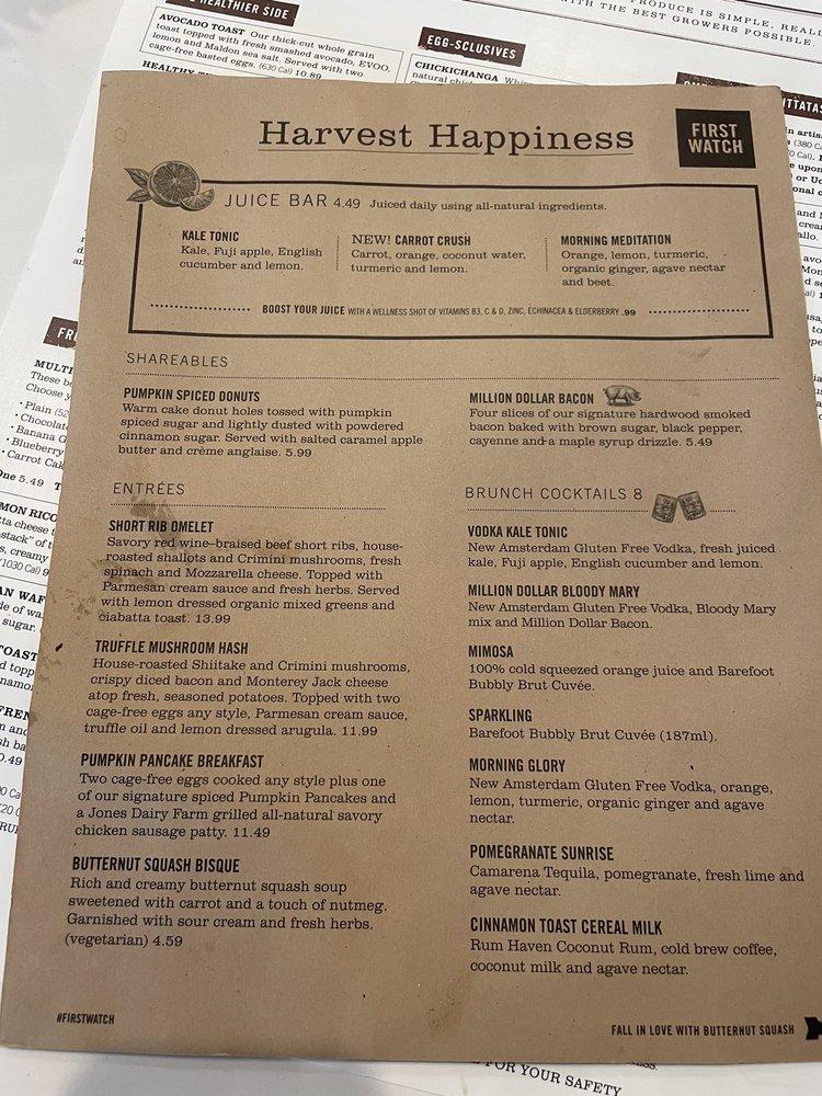 Menu at First Watch cafe, Royal Oak