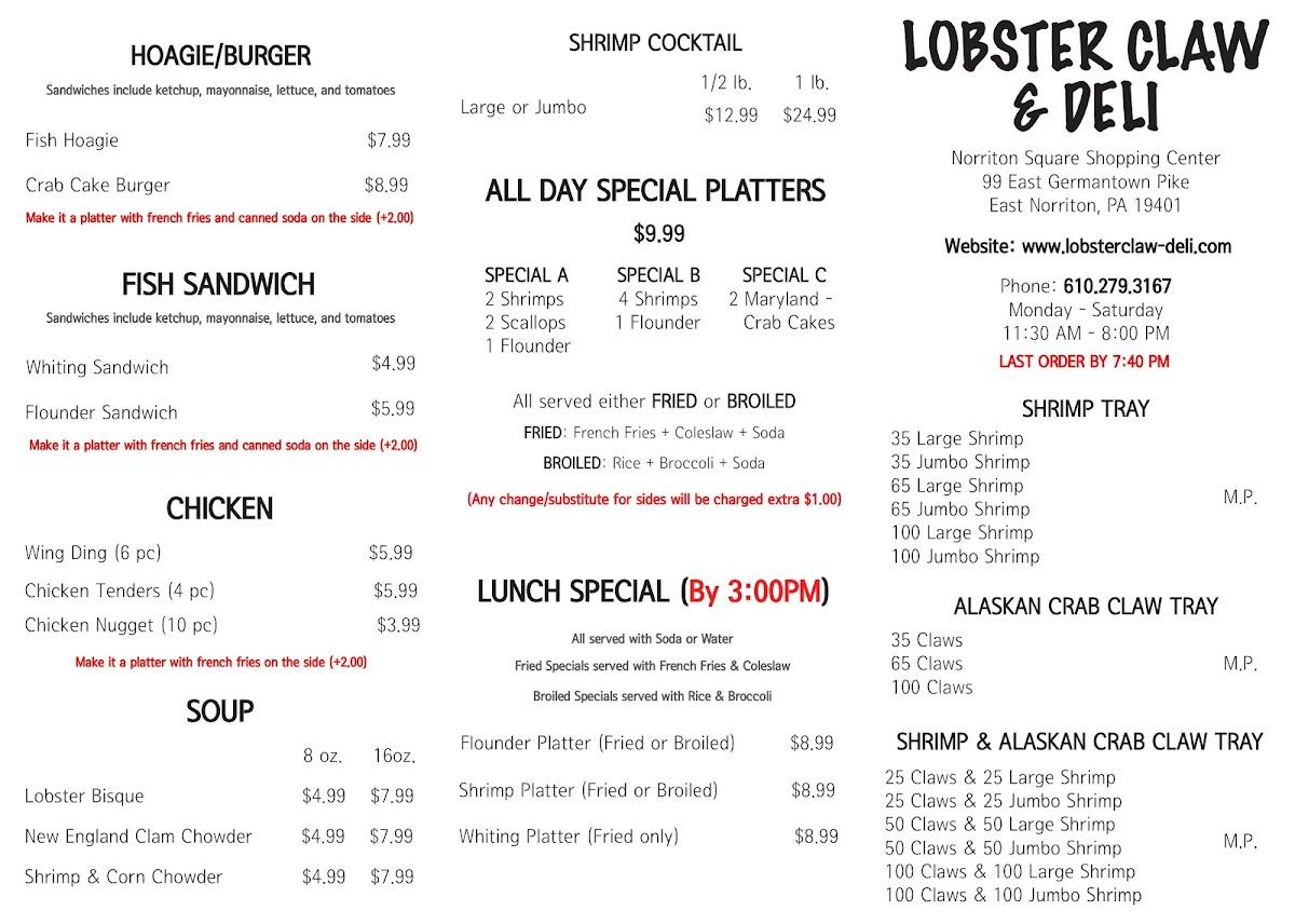 Menu at Lobster Claw & Deli fast food, East Norriton