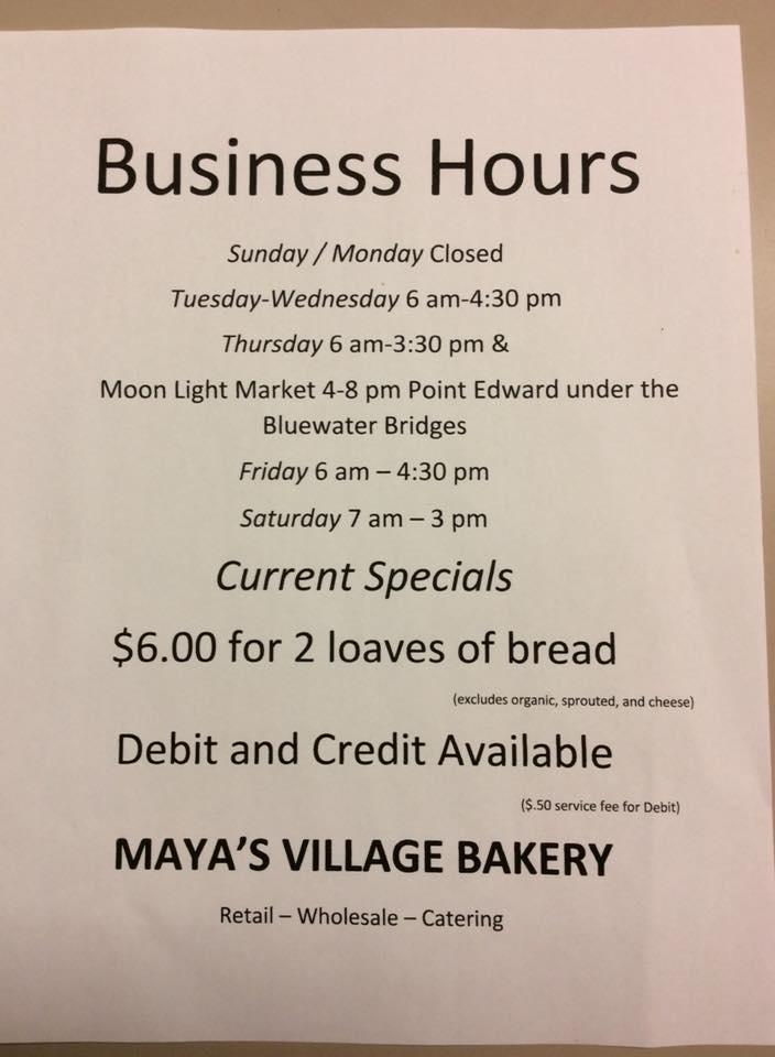 Menu at Maya's Village Bakery, Sarnia