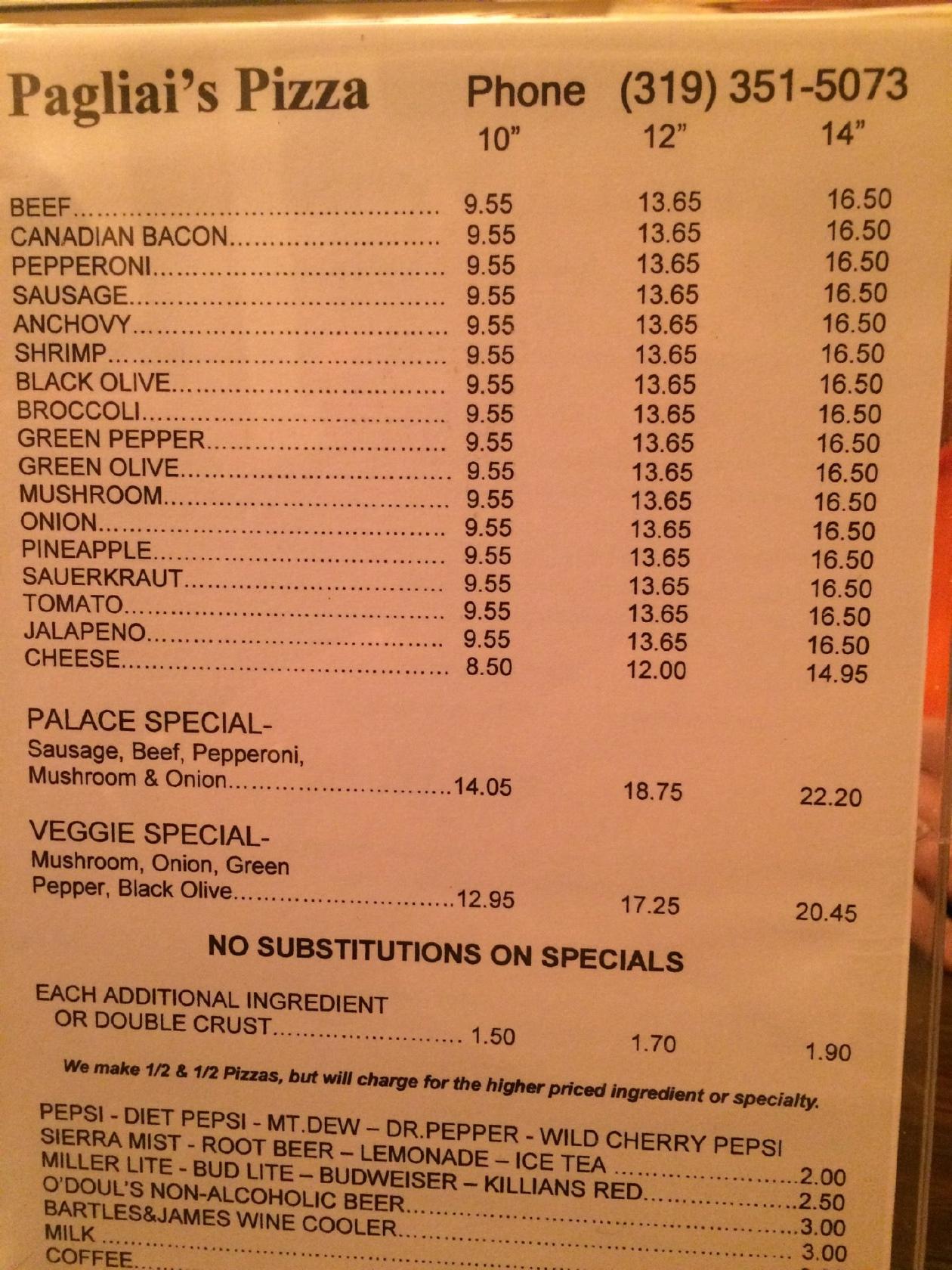 Menu at A &amp; A Pagliai's Pizza pizzeria, Iowa City