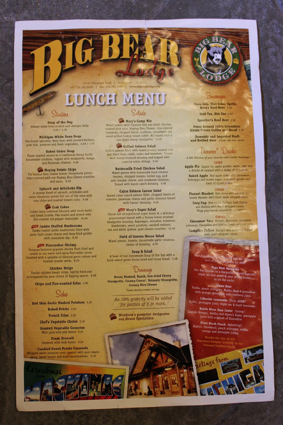 Menu at Big Bear Lodge pub & bar, Brownstown Charter Township