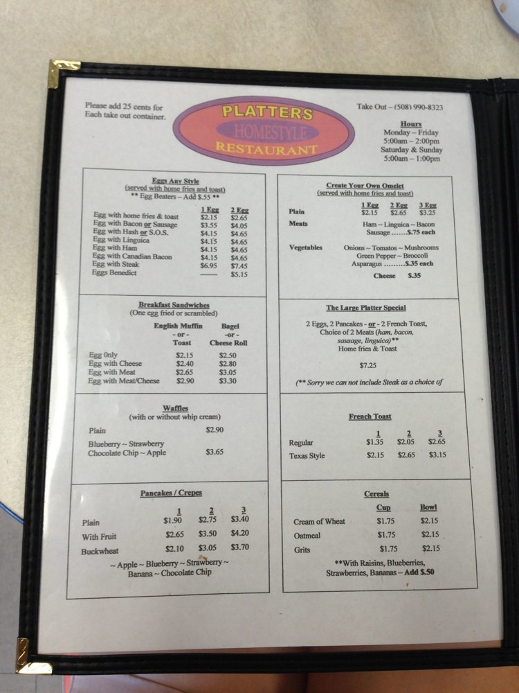 Menu at Platters Restaurant, New Bedford