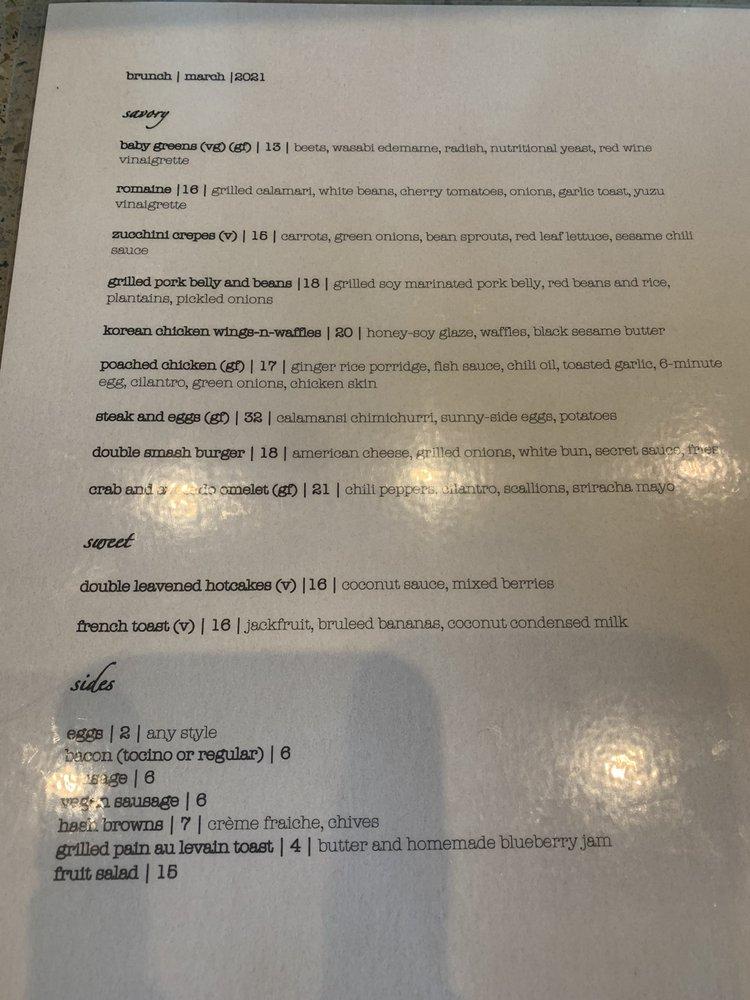 Menu at Alnico restaurant, San Francisco