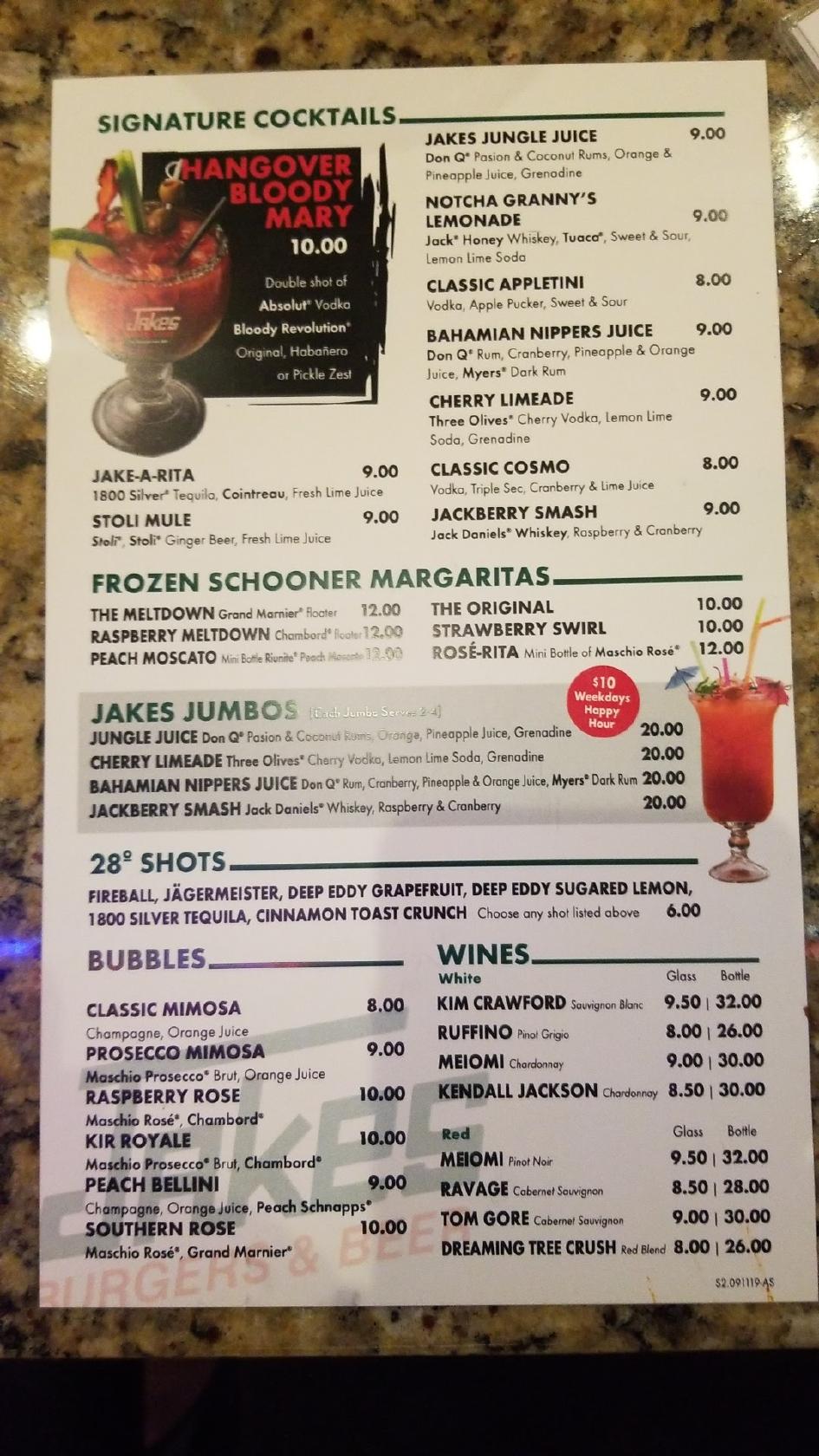 Menu at Jakes Burgers and Beer pub & bar, Grand Prairie