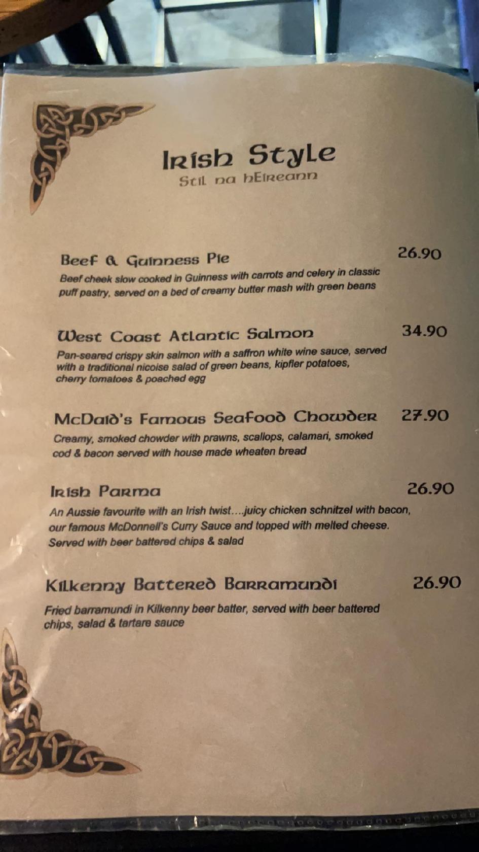 Menu At McDaids Irish Pub Rosebud
