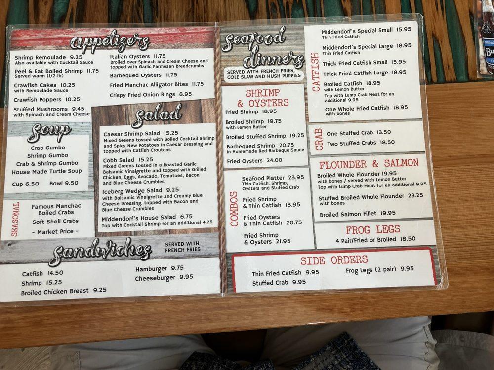 Menu at Middendorf's Slidell restaurant, Slidell