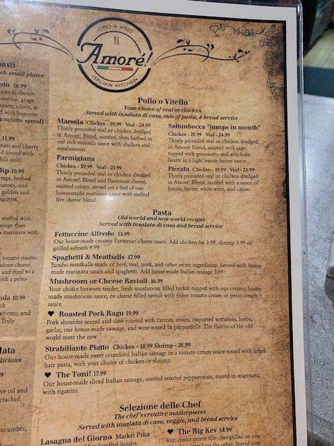 Menu at Amore! Italian Kitchen restaurant, Indianapolis
