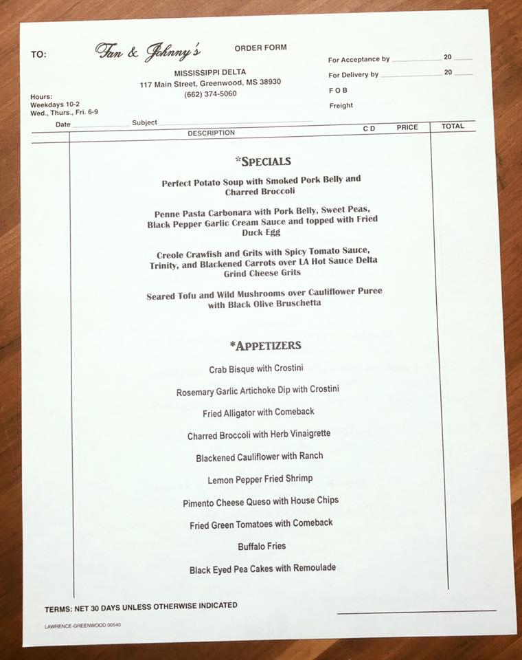 Menu at Fan and Johnny’s restaurant, Greenwood
