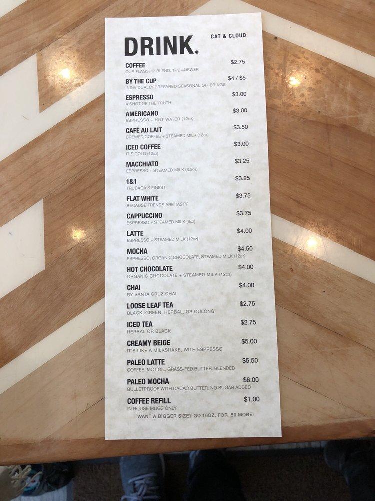 Menu at Cat & Cloud Coffee cafe, Santa Cruz, Portola Dr