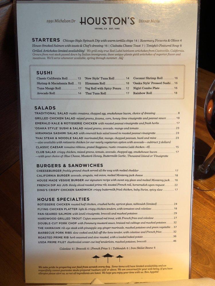 Menu at Houston's steakhouse, Irvine