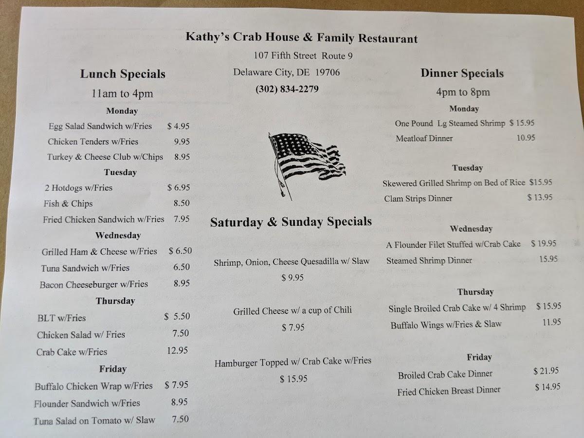 Menu at Kathy's Crab House restaurant, Delaware City