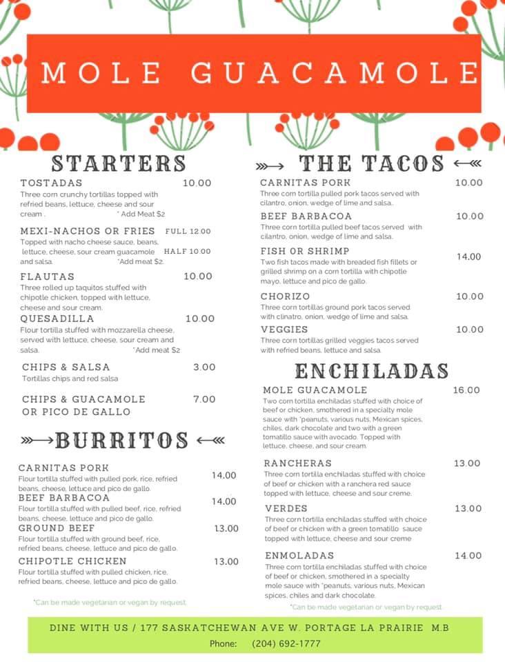 Menu at Mole Guacamole restaurant, Portage la Prairie