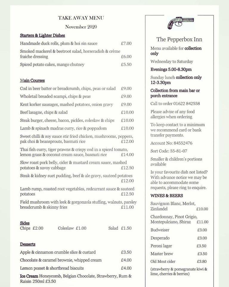 Menu at Pepper Box Inn pub & bar, Kingswood, Windmill Hill