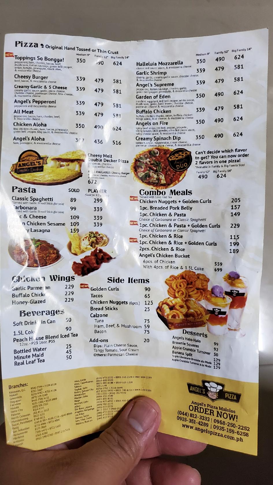 Menu at Angel's Pizza restaurant, Malolos