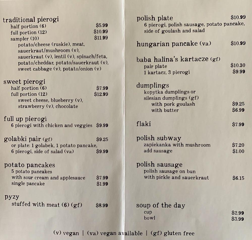 Menu at Tata’s Pierogi restaurant, Elk Grove Village