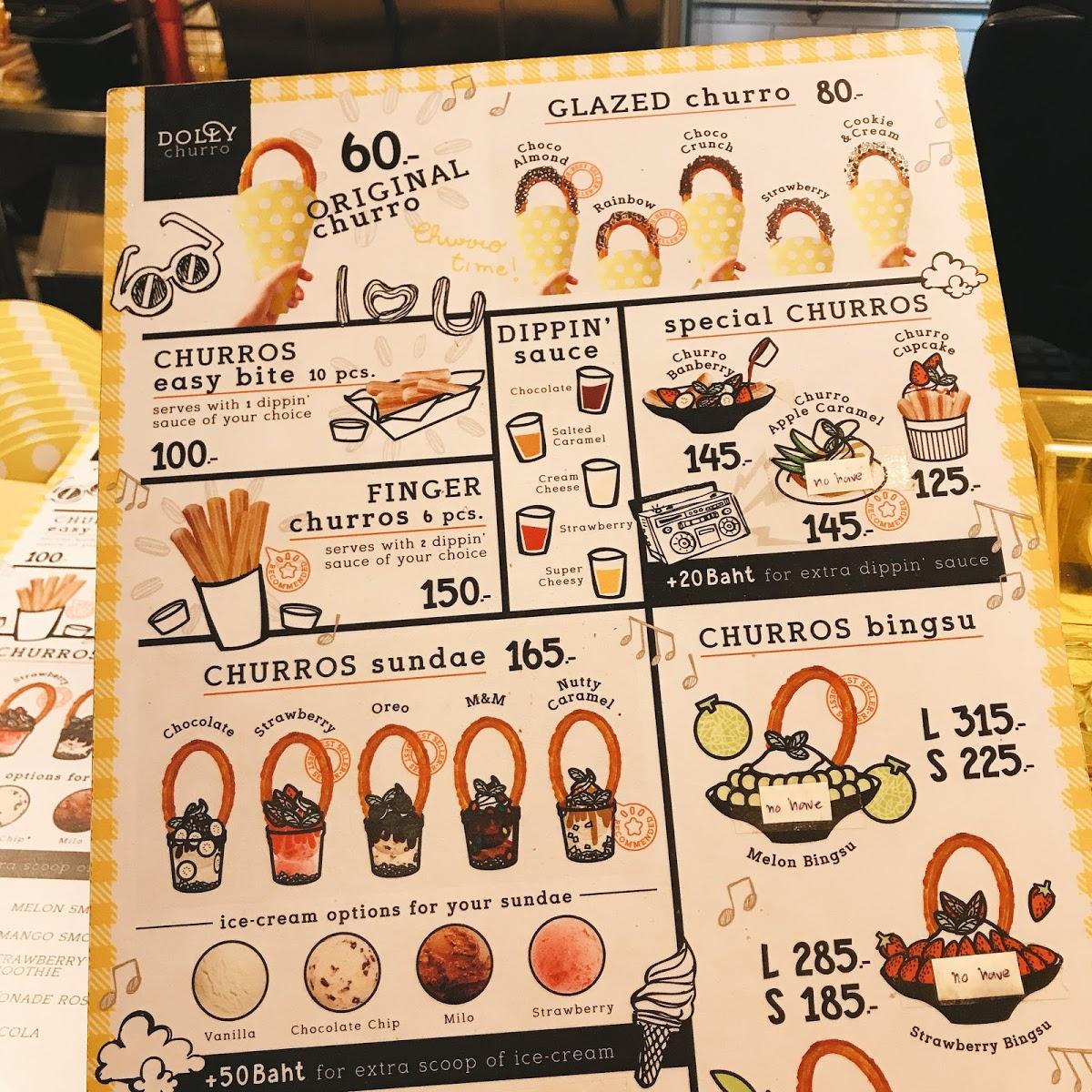 Menu at Dolly Churro restaurant, Bangkok