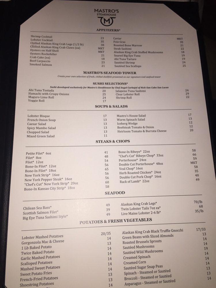 Menu at Mastro's Steakhouse, Chicago