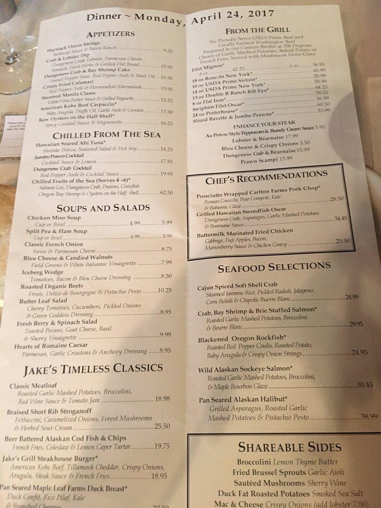 Menu at Jake's Grill steakhouse, Portland, 611 SW 10th Ave