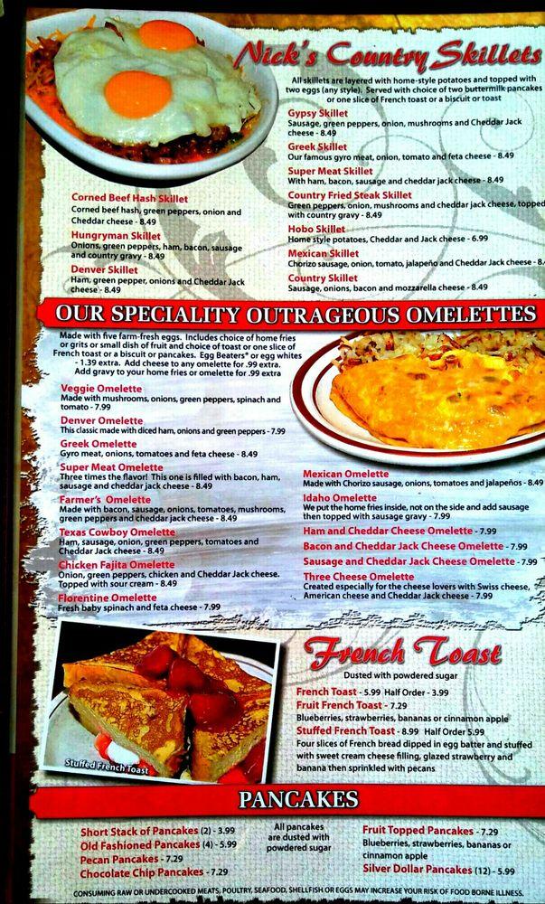 Menu at Nick's Restaurant, Anderson