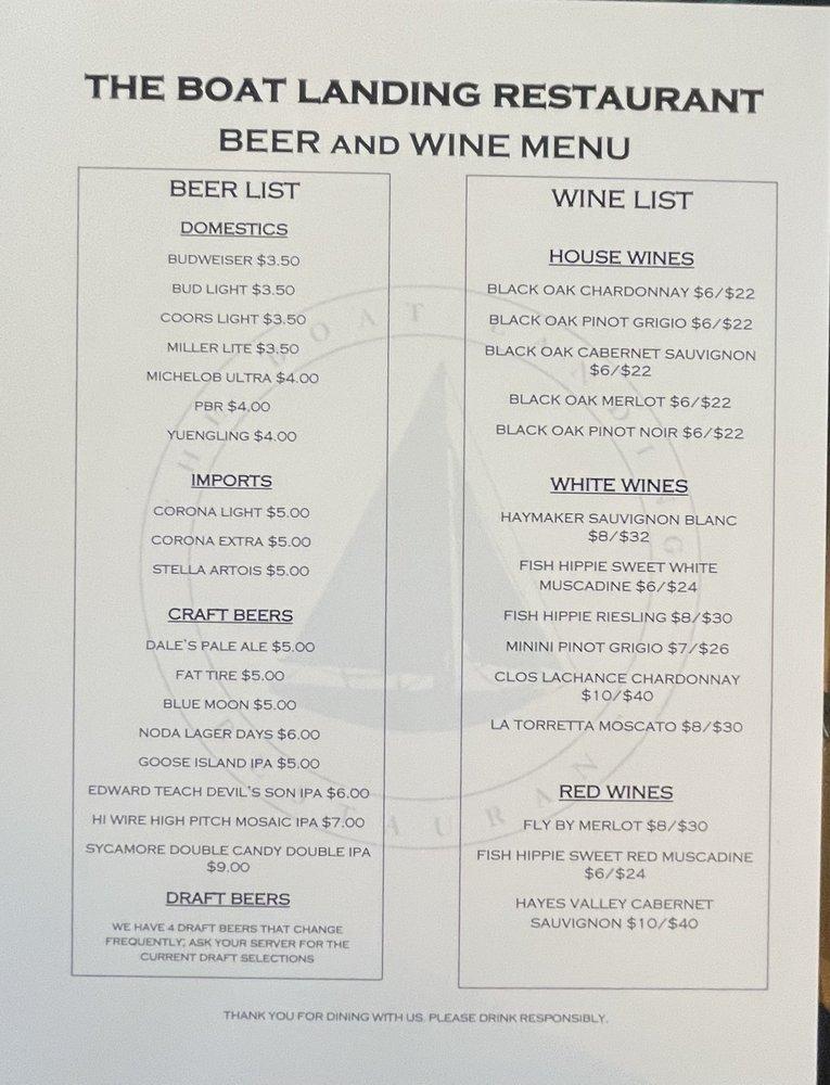 Menu at The Boat Landing Restaurant, Sunset Beach