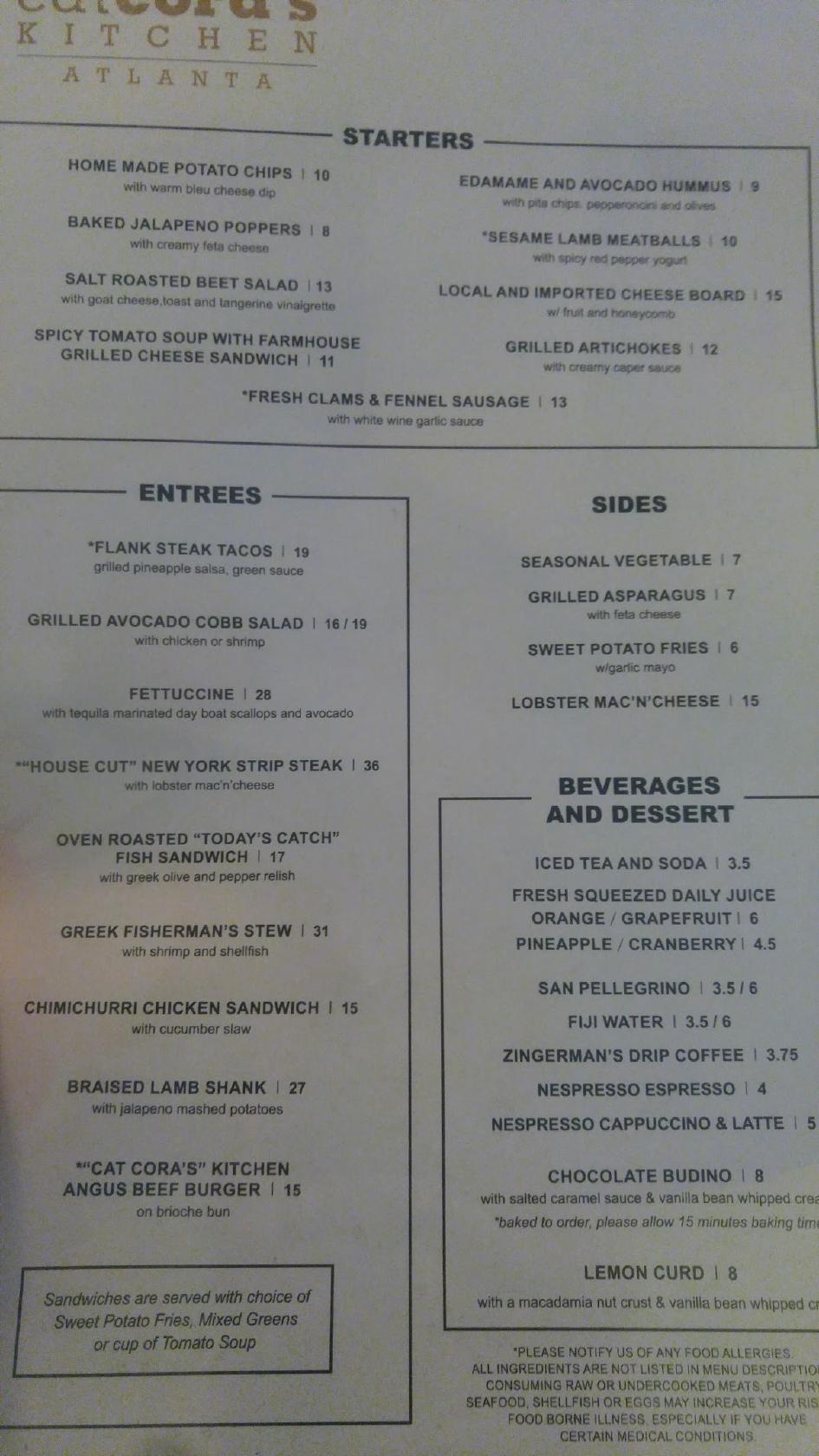 Menu at Cat Cora’s desserts, Atlanta, N Terminal Pkwy