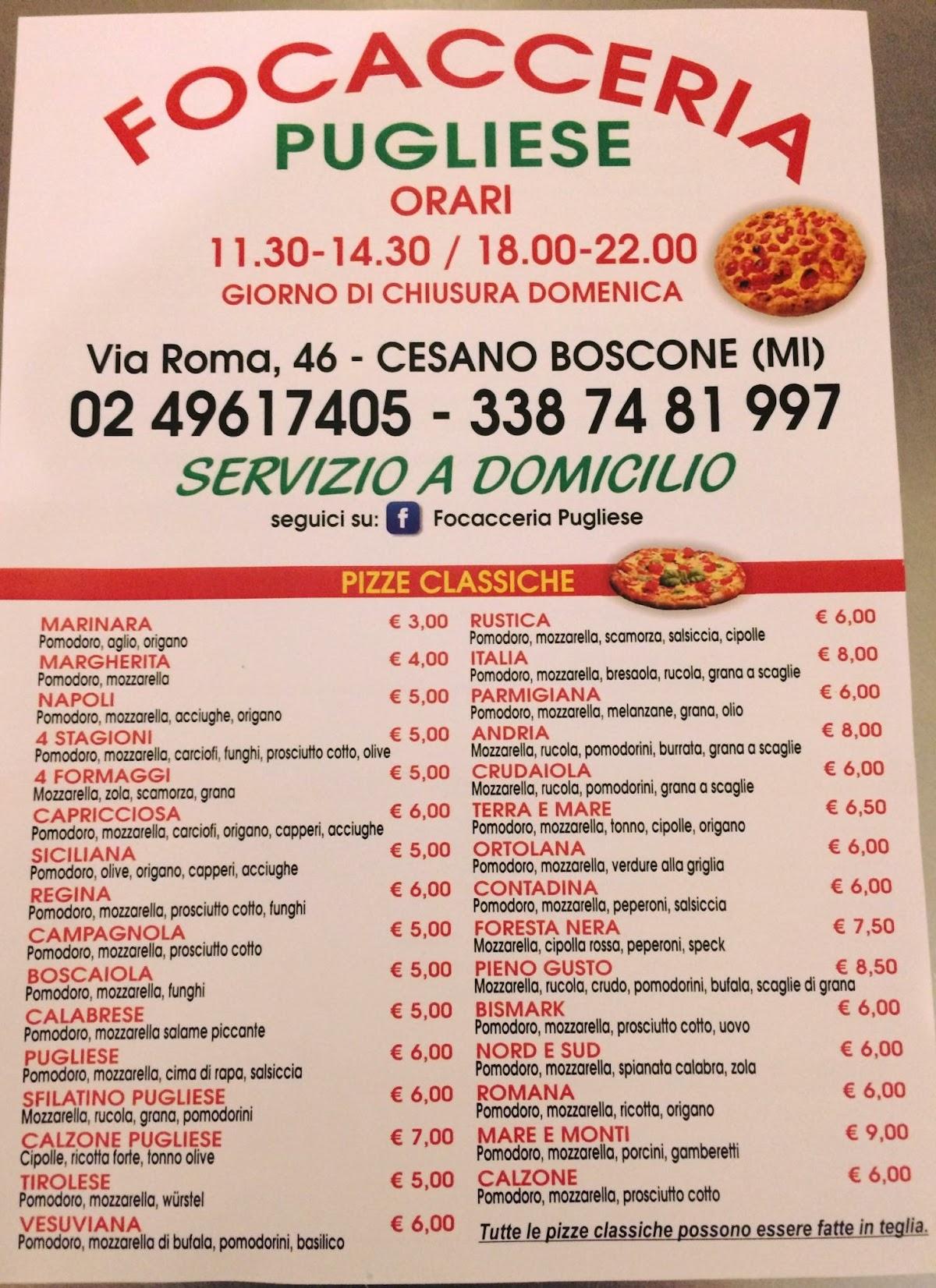 Menu da Focacceria Pugliese ristorante, Cesano Boscone