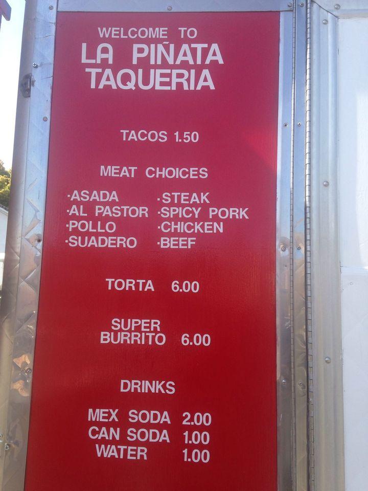 Menu at La Piñata Taqueria restaurant, Vallejo