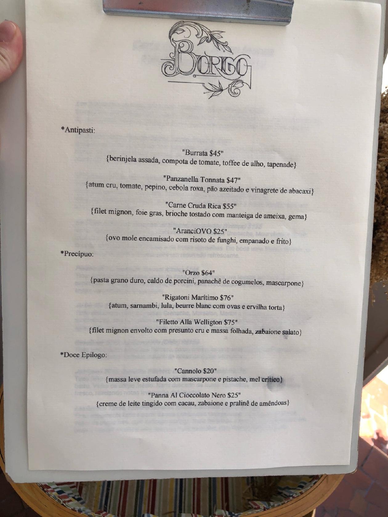 Menu em Borgo Mooca restaurante São Paulo