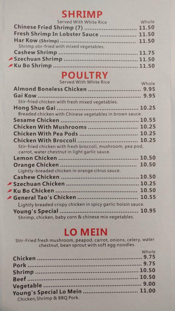 Menu at Young's Chinese Food Carryout restaurant, Royal Oak