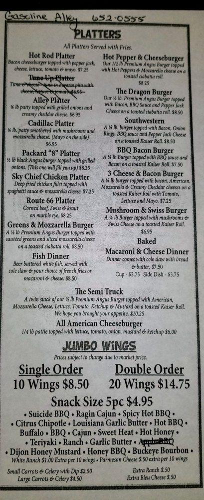 Menu at Gasoline Alley pub & bar, Niles