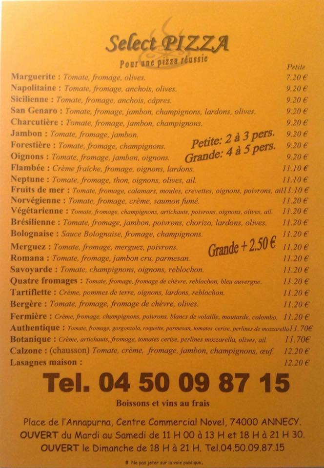 Menu at Select Pizza fast food, Annecy