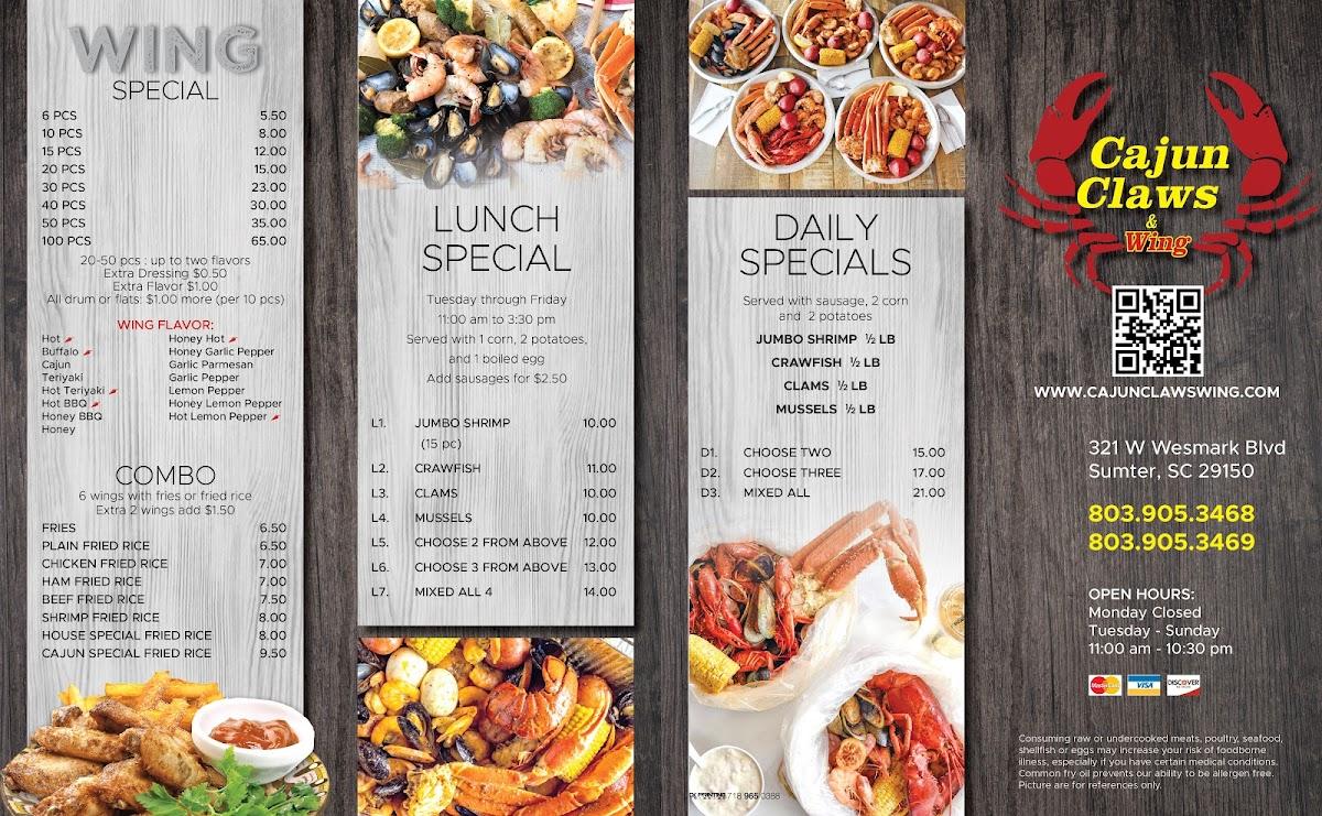 Menu at Cajun Claws & Wing restaurant, Sumter