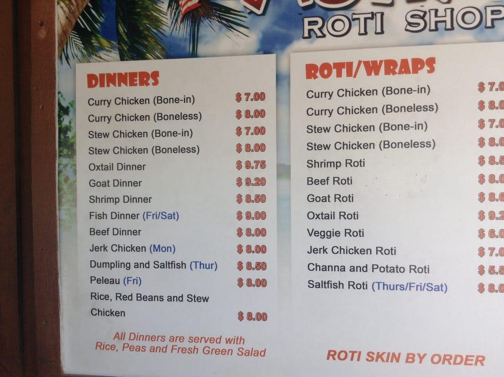 Menu at Asha's Roti Shop restaurant, Baytown
