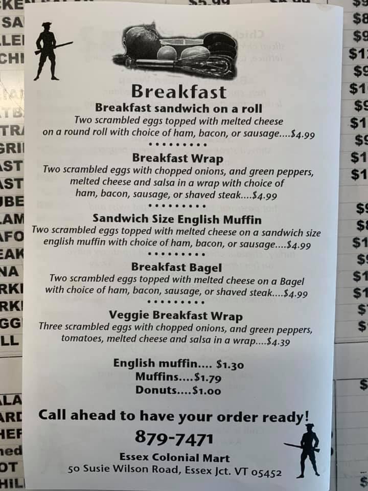 Menu at Essex Colonial Mart restaurant, Essex