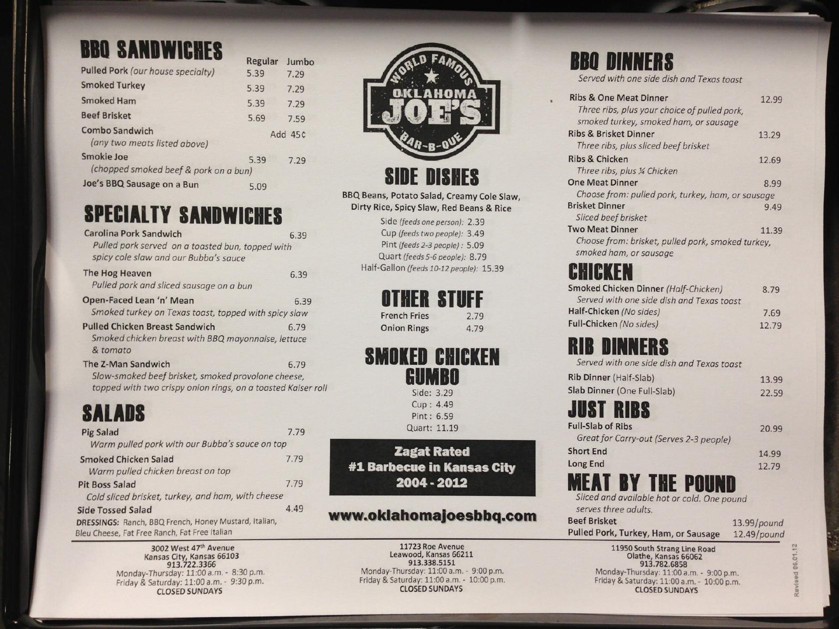 Menu at Joe's Kansas City BarBQue, Kansas City