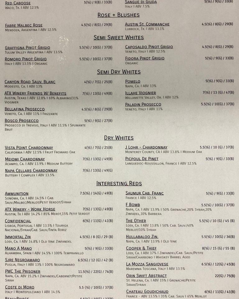 Menu at Klassy Glass Wine Bar, Waco