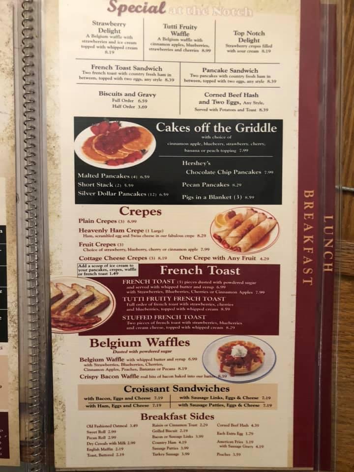 Menu at Top Notch restaurant, South Bend, Lincoln Way W
