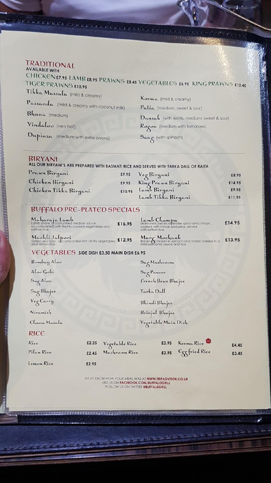 Menu at Buffalo Grill restaurant, Luton