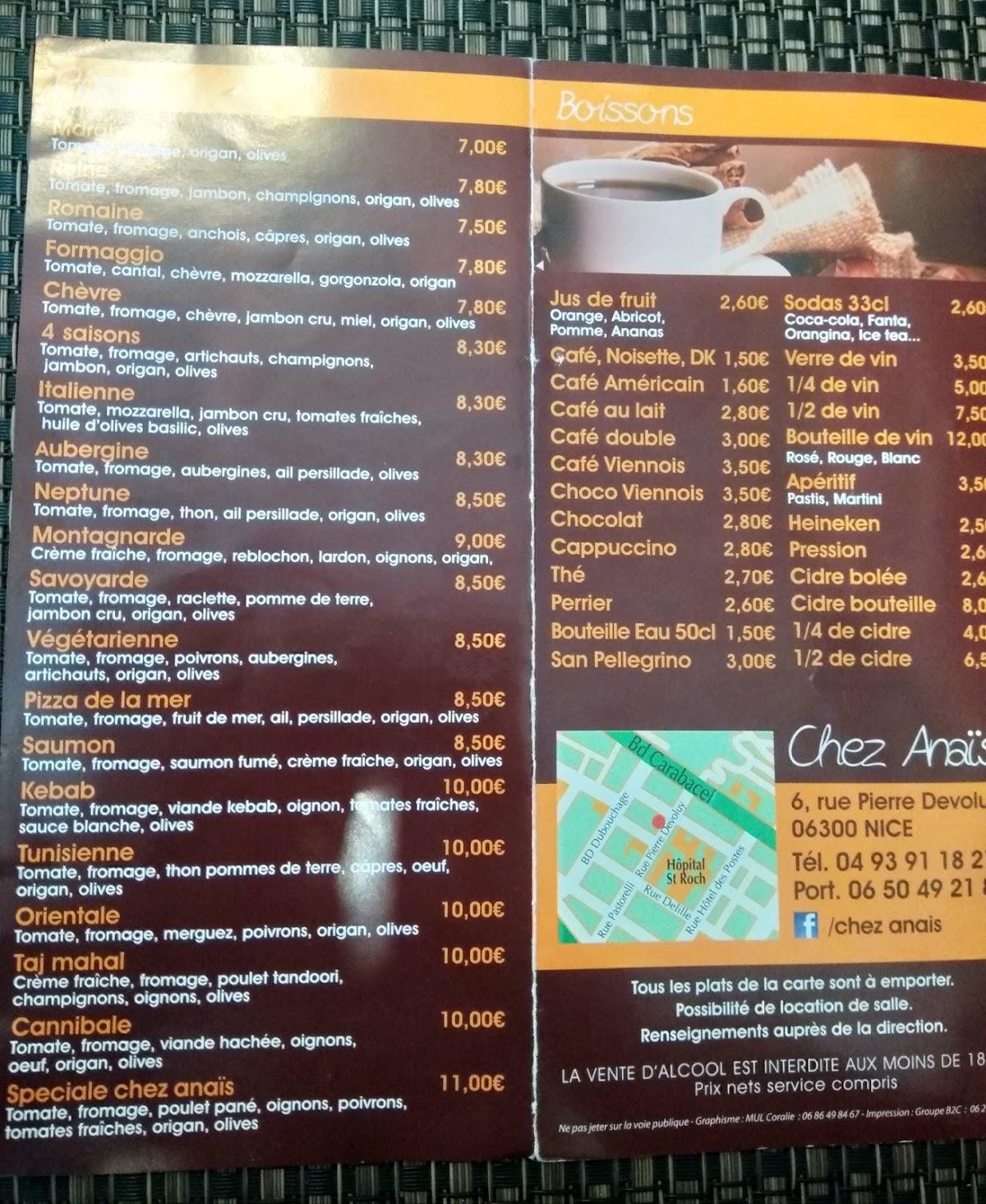 Menu at Chez Anaïs restaurant, Nice