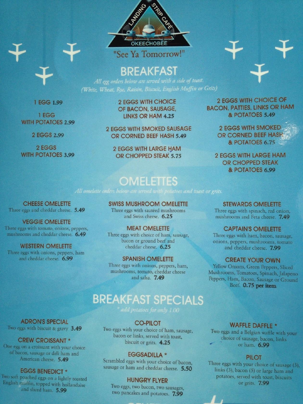 Menu at Landing Strip Cafe, Okeechobee