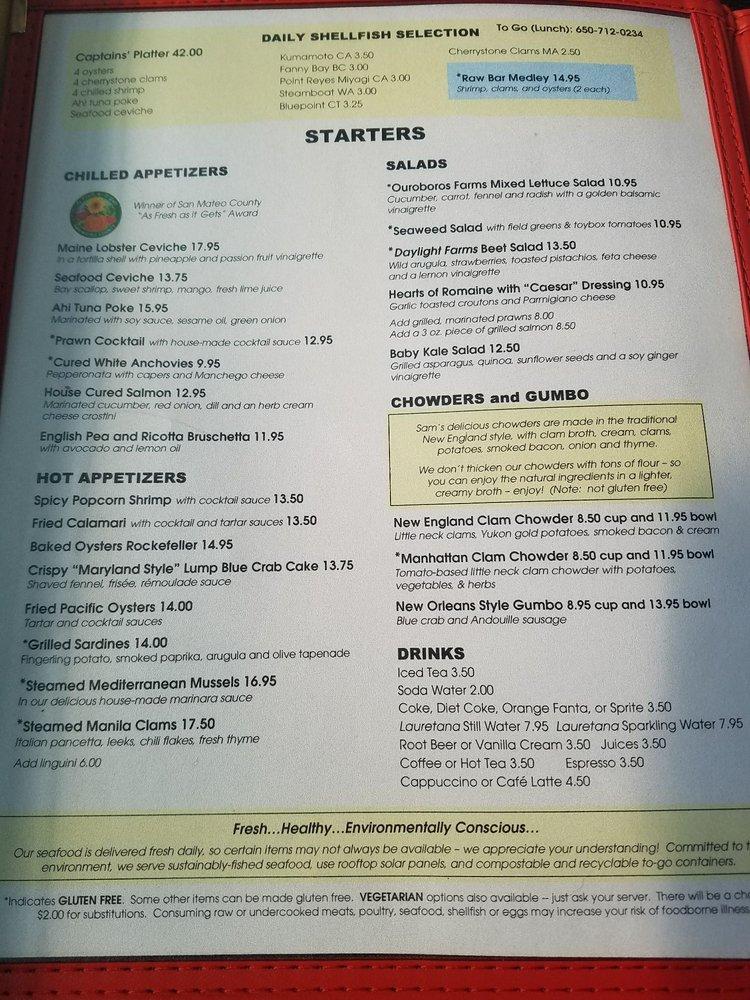 Menu at Sam's Chowder House restaurant, Half Moon Bay